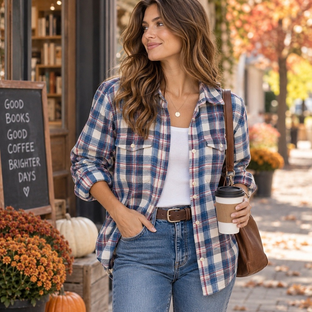 American Eagle Blue White Red Plaid Flannel Button Down Shirt Womens Medium